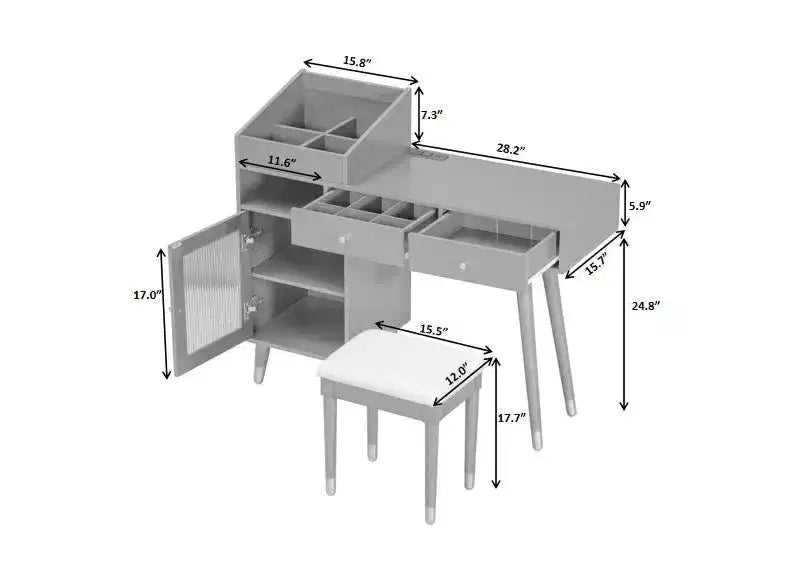 Coiffeuse moderne Okak avec tabouret rembourré, table de maquillage avec tiroirs, armoire et port de charge, coiffeuse pour petit espace, noir
