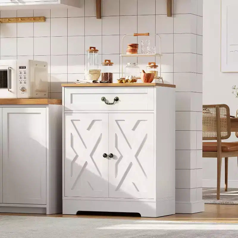 Meuble de Rangement Buffet de Ferme - Bahut avec 2 Portes, Tiroir et Étagère Ajustable, Meuble Blanc pour Cuisine, Salon