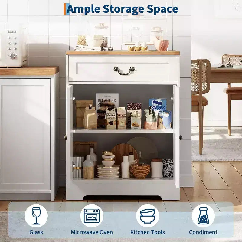 Meuble de Rangement Buffet de Ferme - Bahut avec 2 Portes, Tiroir et Étagère Ajustable, Meuble Blanc pour Cuisine, Salon