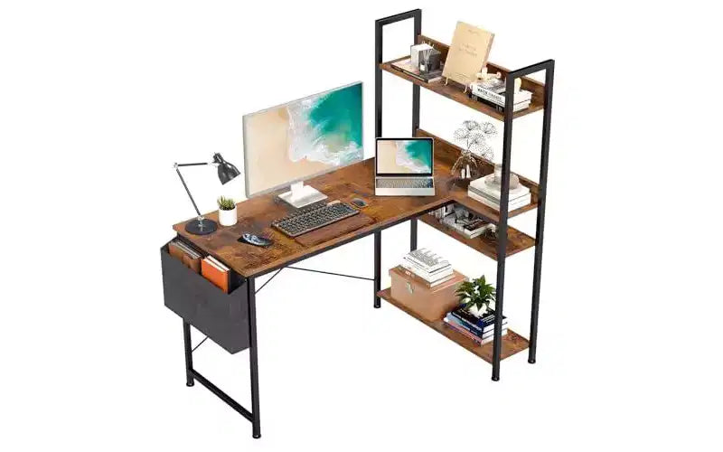 Bureau d'ordinateur réversible en forme de L moderne Okak avec étagère réglable, bureau d'écriture pour adolescents et étudiants pour l'étude et le bureau