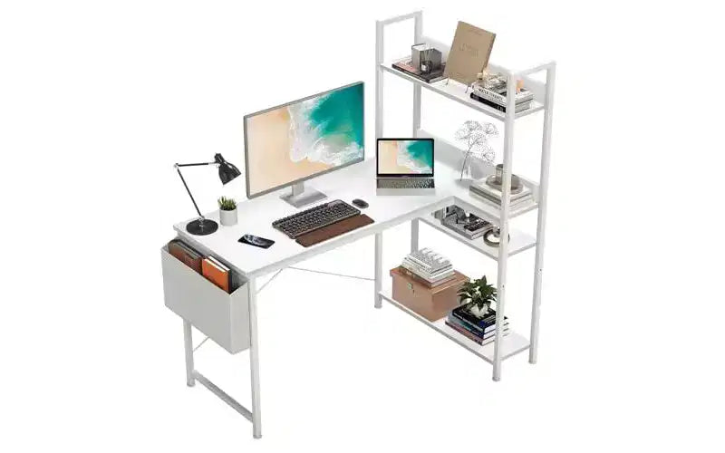 Bureau d'ordinateur réversible en forme de L moderne Okak avec étagère réglable, bureau d'écriture pour adolescents et étudiants pour l'étude et le bureau