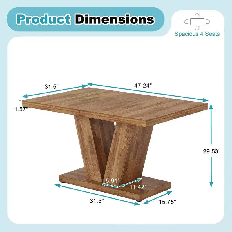 TUYOHW Table de Salle à Manger de Ferme pour 4 à 6 Personnes, Table de Cuisine Rectangulaire avec Plateau Épais de 4 cm et Support Triangulaire, 120 cm de Long, Noyer+Marron