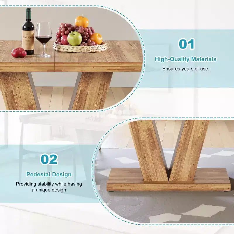TUYOHW Table de Salle à Manger de Ferme pour 4 à 6 Personnes, Table de Cuisine Rectangulaire avec Plateau Épais de 4 cm et Support Triangulaire, 120 cm de Long, Noyer+Marron