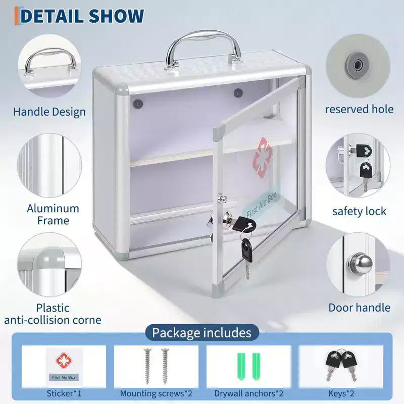 Armoire à pharmacie murale avec serrure à combinaison et poignée de verrouillage, armoire de premiers secours portable à monter au mur avec autocollant