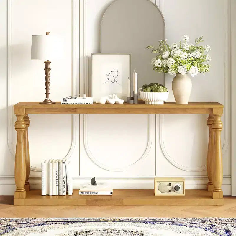 Table console effet bois vintage, pieds vasque, étagère inférieure, pour entrée, couloir, salon, chambre à coucher