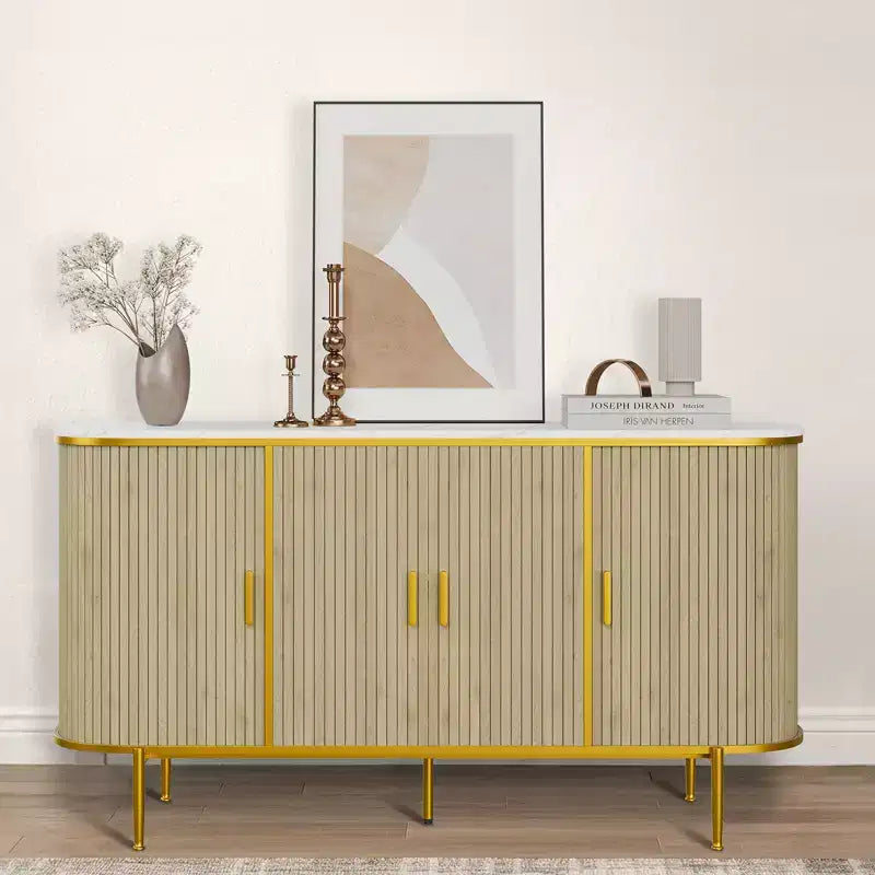 Buffet-bahut moderne du milieu du siècle, 59 pouces, meuble de rangement cannelé avec pieds en métal, table console pour salle à manger, salon, entrée