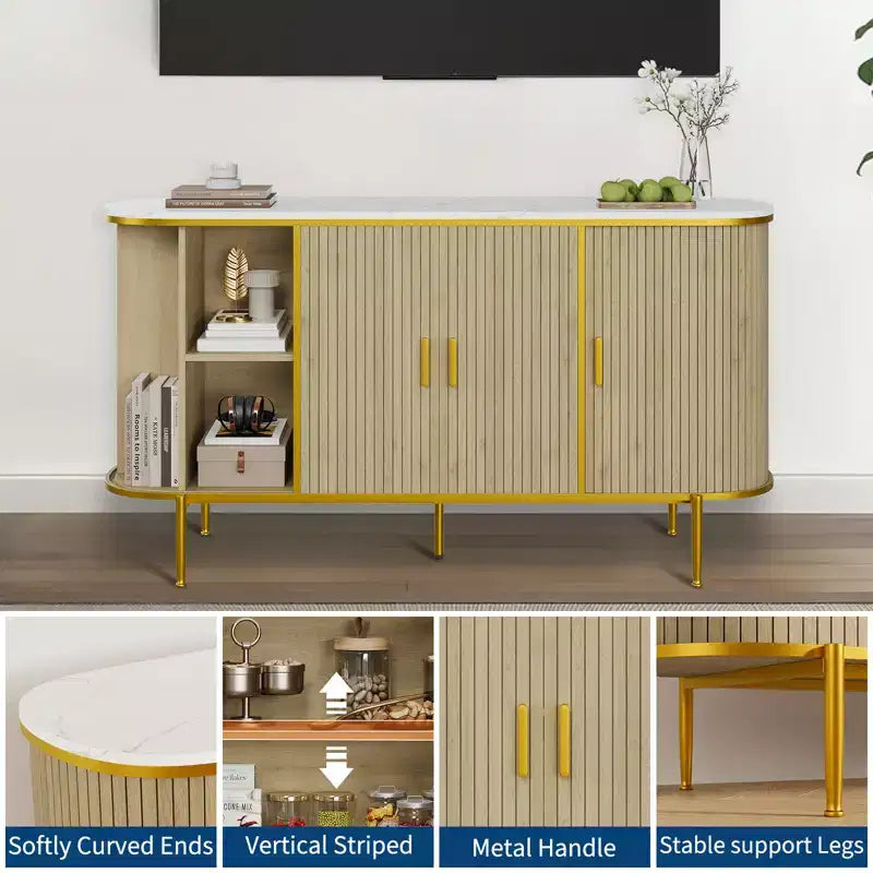 Buffet-bahut moderne du milieu du siècle, 59 pouces, meuble de rangement cannelé avec pieds en métal, table console pour salle à manger, salon, entrée