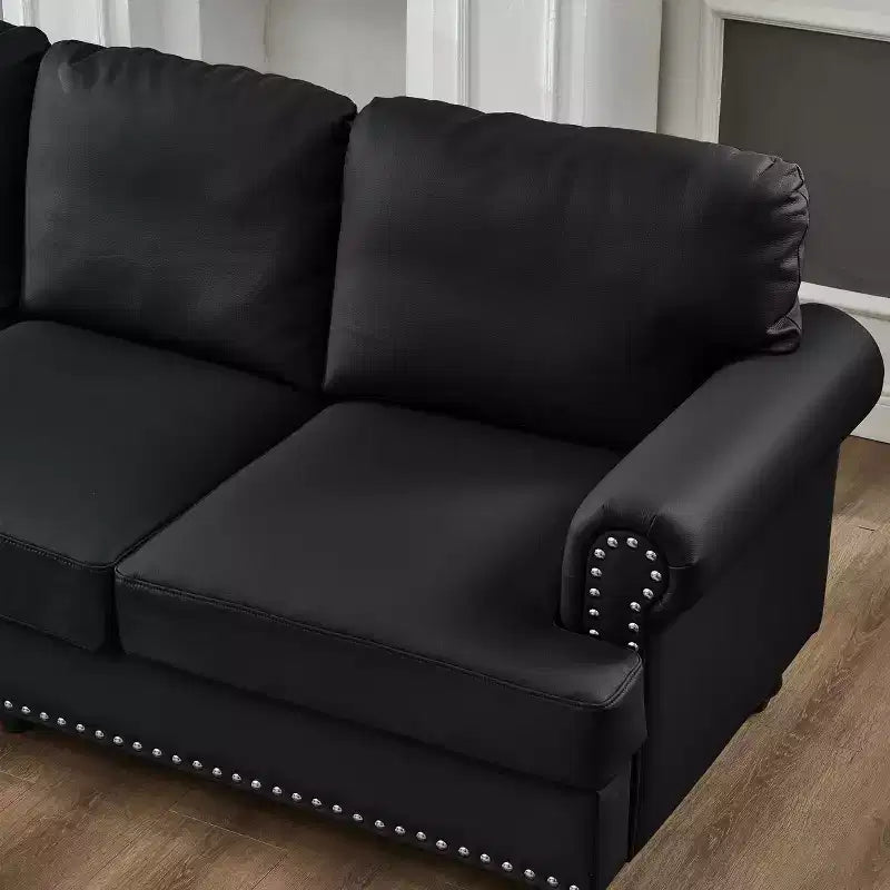 Canapé trois places moderne MAYEERTY 83 avec clous, revêtement en similicuir imitation peau de vache, pour salon, noir