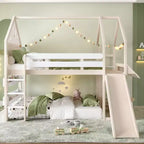 Bellemave Lit mezzanine pour enfants avec toboggan et étagère, cadre de lit mezzanine en bois massif avec échelle convertible pour enfants, cabane de jeu