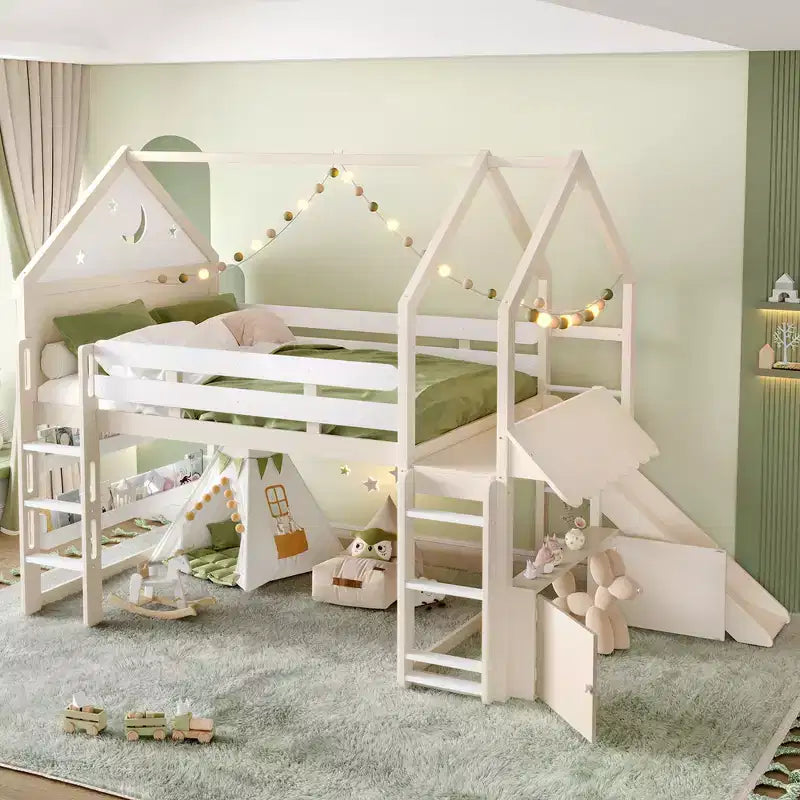 Bellemave Lit mezzanine pour enfants avec toboggan et étagère, cadre de lit mezzanine en bois massif avec échelle convertible pour enfants, cabane de jeu