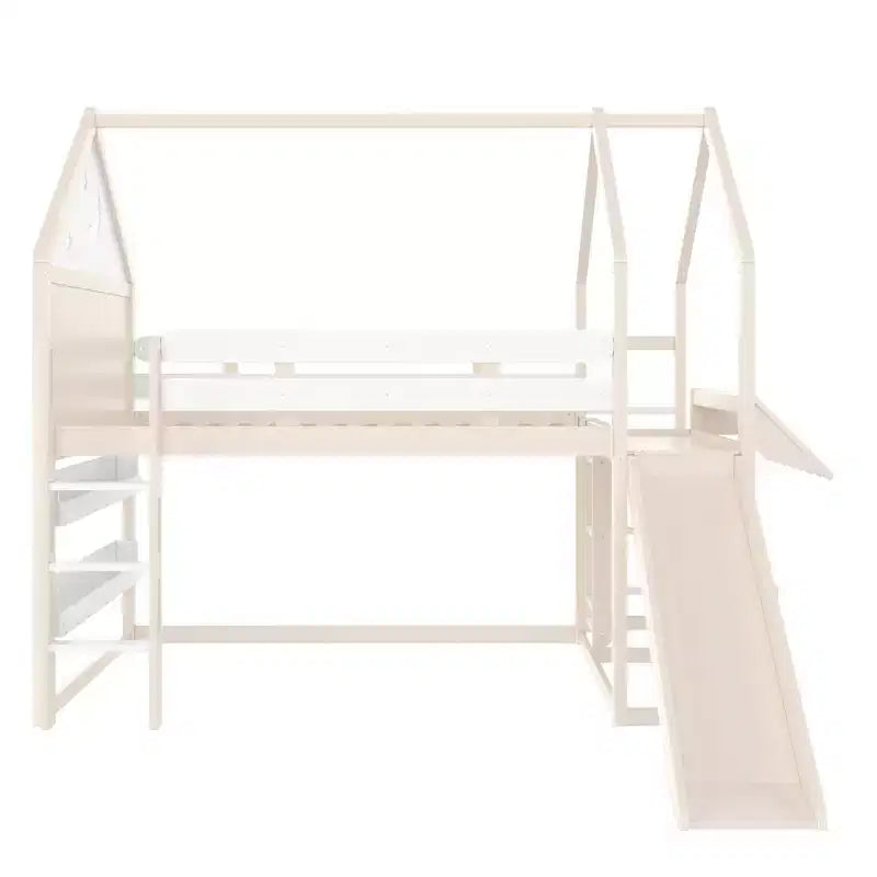 Bellemave Lit mezzanine pour enfants avec toboggan et étagère, cadre de lit mezzanine en bois massif avec échelle convertible pour enfants, cabane de jeu