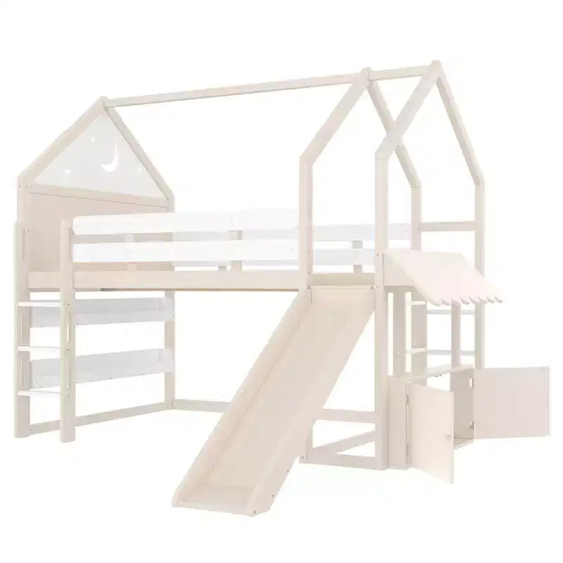 Bellemave Lit mezzanine pour enfants avec toboggan et étagère, cadre de lit mezzanine en bois massif avec échelle convertible pour enfants, cabane de jeu