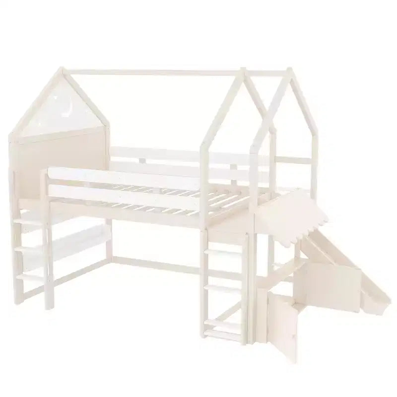 Bellemave Lit mezzanine pour enfants avec toboggan et étagère, cadre de lit mezzanine en bois massif avec échelle convertible pour enfants, cabane de jeu