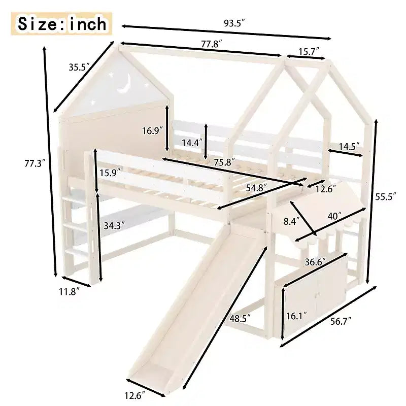 Bellemave Lit mezzanine pour enfants avec toboggan et étagère, cadre de lit mezzanine en bois massif avec échelle convertible pour enfants, cabane de jeu