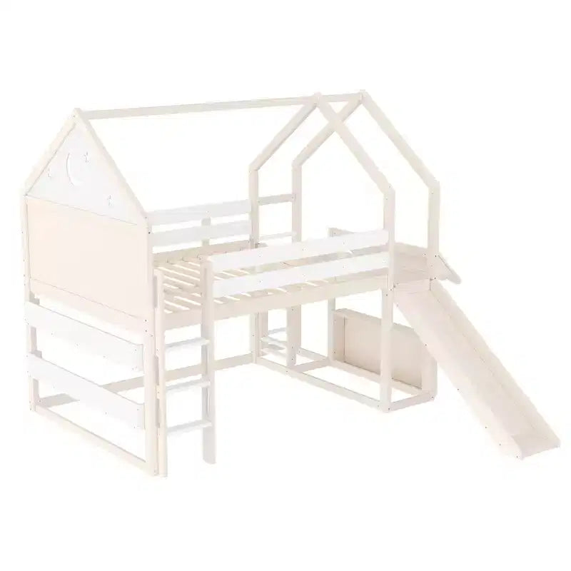 Bellemave Lit mezzanine pour enfants avec toboggan et étagère, cadre de lit mezzanine en bois massif avec échelle convertible pour enfants, cabane de jeu