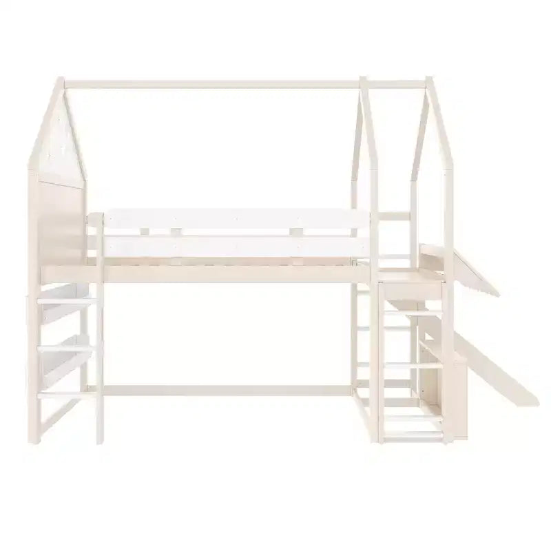 Bellemave Lit mezzanine pour enfants avec toboggan et étagère, cadre de lit mezzanine en bois massif avec échelle convertible pour enfants, cabane de jeu