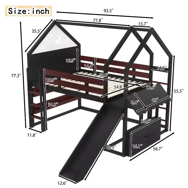 Bellemave Lit mezzanine pour enfants avec toboggan et étagère, cadre de lit mezzanine en bois massif avec échelle convertible pour enfants, cabane de jeu