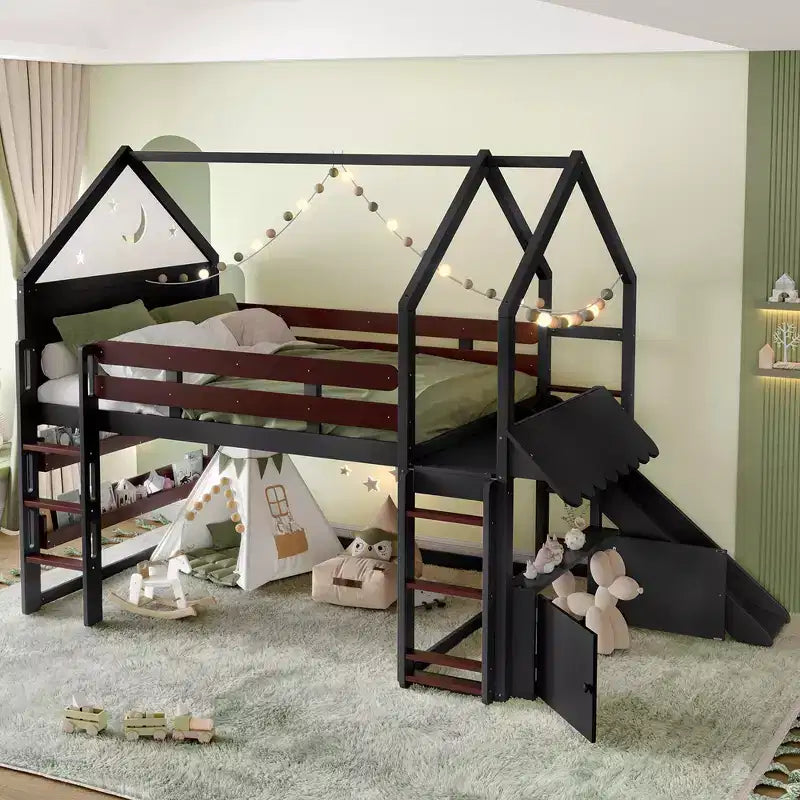 Bellemave Lit mezzanine pour enfants avec toboggan et étagère, cadre de lit mezzanine en bois massif avec échelle convertible pour enfants, cabane de jeu