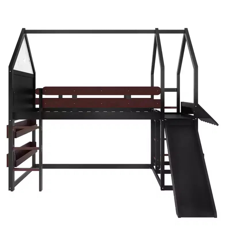 Bellemave Lit mezzanine pour enfants avec toboggan et étagère, cadre de lit mezzanine en bois massif avec échelle convertible pour enfants, cabane de jeu