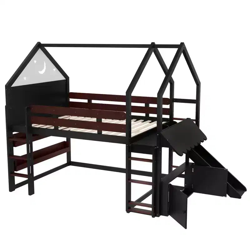 Bellemave Lit mezzanine pour enfants avec toboggan et étagère, cadre de lit mezzanine en bois massif avec échelle convertible pour enfants, cabane de jeu