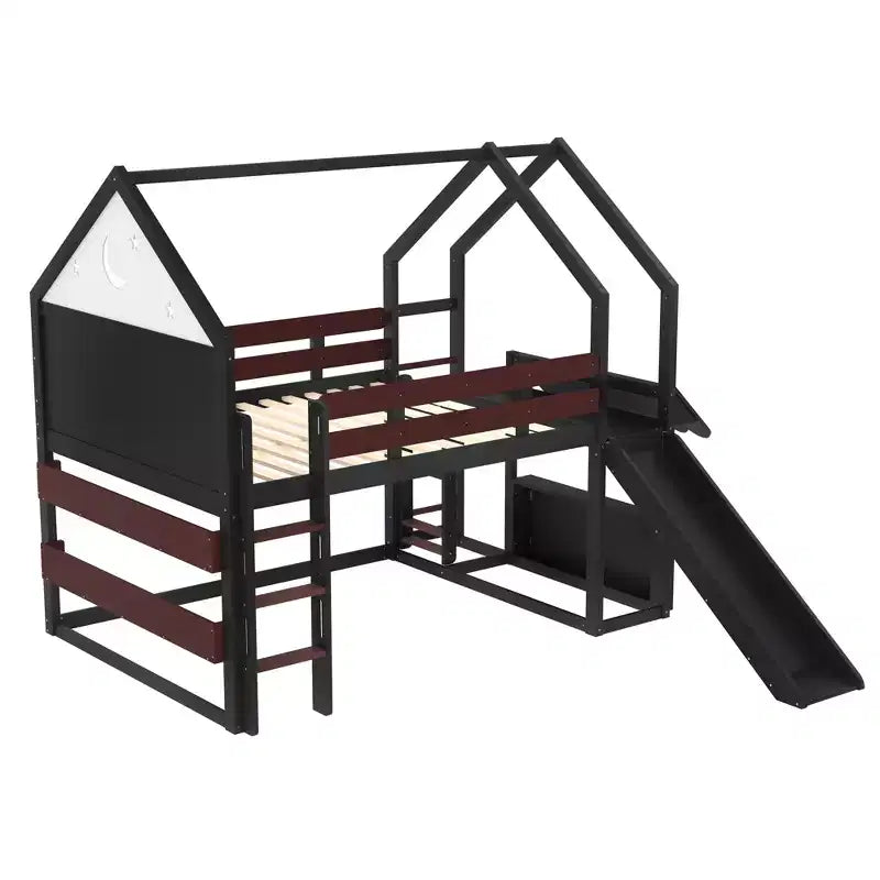 Bellemave Lit mezzanine pour enfants avec toboggan et étagère, cadre de lit mezzanine en bois massif avec échelle convertible pour enfants, cabane de jeu
