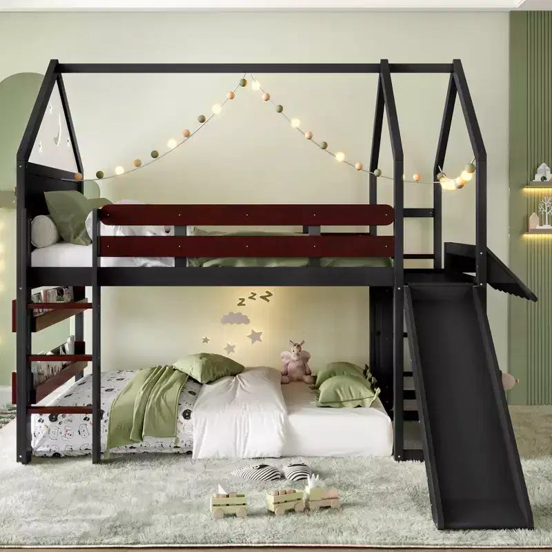 Bellemave Lit mezzanine pour enfants avec toboggan et étagère, cadre de lit mezzanine en bois massif avec échelle convertible pour enfants, cabane de jeu