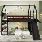 Bellemave Lit mezzanine pour enfants avec toboggan et étagère, cadre de lit mezzanine en bois massif avec échelle convertible pour enfants, cabane de jeu