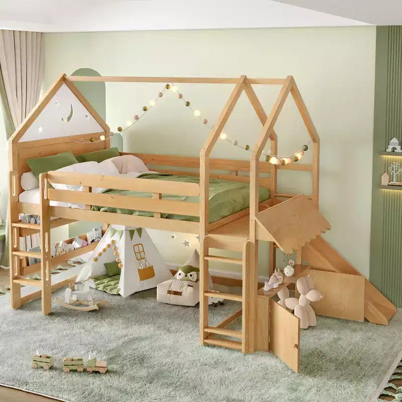 Bellemave Lit mezzanine pour enfants avec toboggan et étagère, cadre de lit mezzanine en bois massif avec échelle convertible pour enfants, cabane de jeu