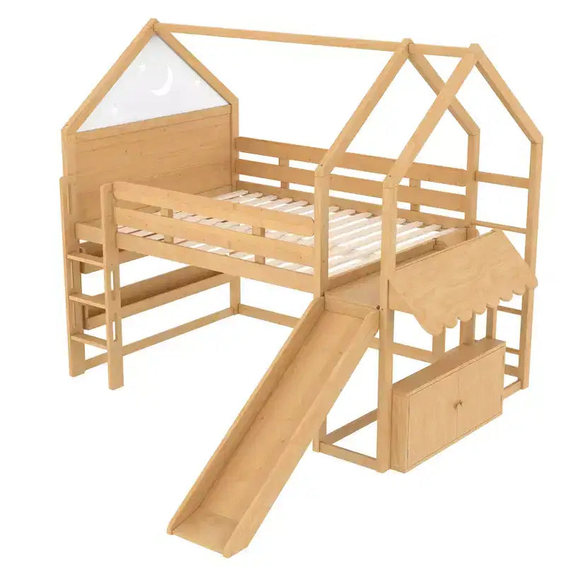 Bellemave Lit mezzanine pour enfants avec toboggan et étagère, cadre de lit mezzanine en bois massif avec échelle convertible pour enfants, cabane de jeu