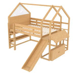 Bellemave Lit mezzanine pour enfants avec toboggan et étagère, cadre de lit mezzanine en bois massif avec échelle convertible pour enfants, cabane de jeu