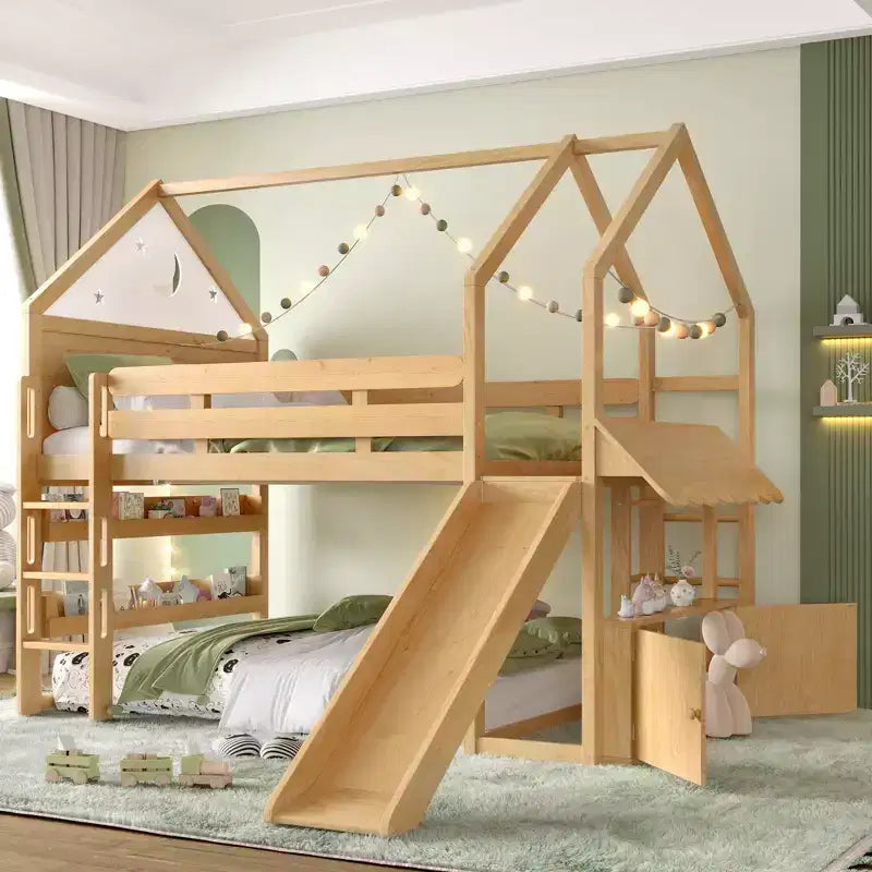Bellemave Lit mezzanine pour enfants avec toboggan et étagère, cadre de lit mezzanine en bois massif avec échelle convertible pour enfants, cabane de jeu