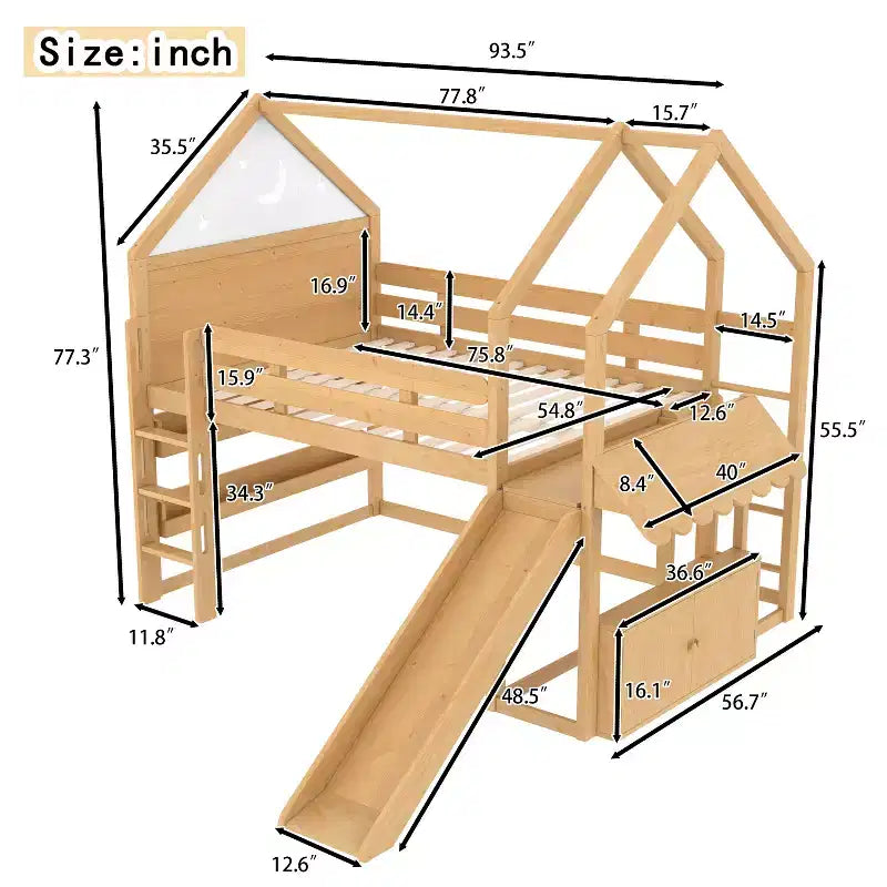 Bellemave Lit mezzanine pour enfants avec toboggan et étagère, cadre de lit mezzanine en bois massif avec échelle convertible pour enfants, cabane de jeu