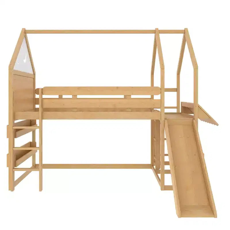 Bellemave Lit mezzanine pour enfants avec toboggan et étagère, cadre de lit mezzanine en bois massif avec échelle convertible pour enfants, cabane de jeu