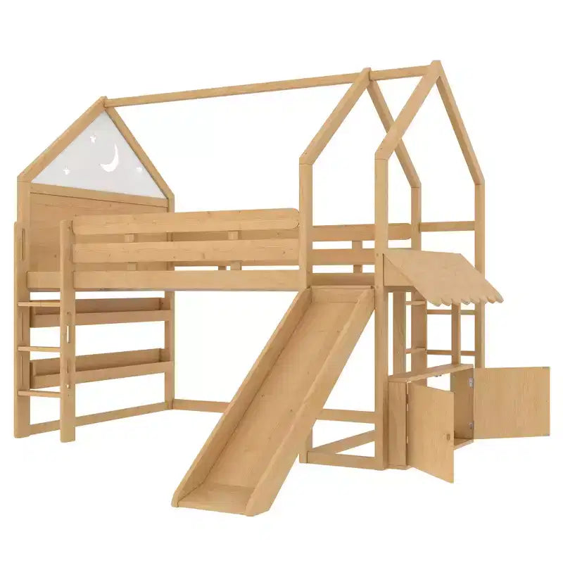 Bellemave Lit mezzanine pour enfants avec toboggan et étagère, cadre de lit mezzanine en bois massif avec échelle convertible pour enfants, cabane de jeu