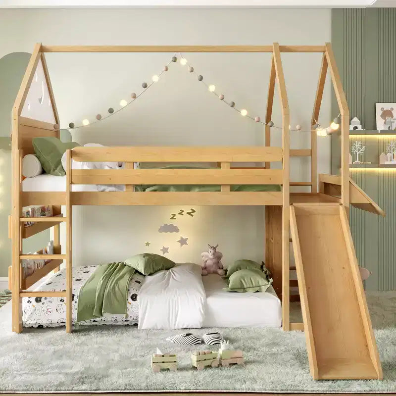 Bellemave Lit mezzanine pour enfants avec toboggan et étagère, cadre de lit mezzanine en bois massif avec échelle convertible pour enfants, cabane de jeu