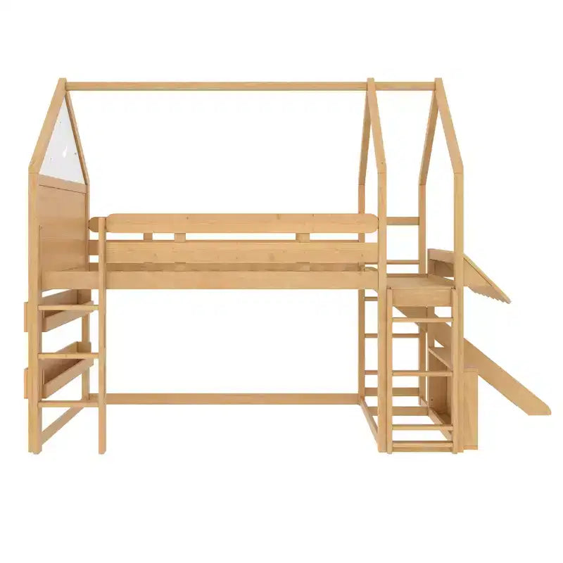 Bellemave Lit mezzanine pour enfants avec toboggan et étagère, cadre de lit mezzanine en bois massif avec échelle convertible pour enfants, cabane de jeu
