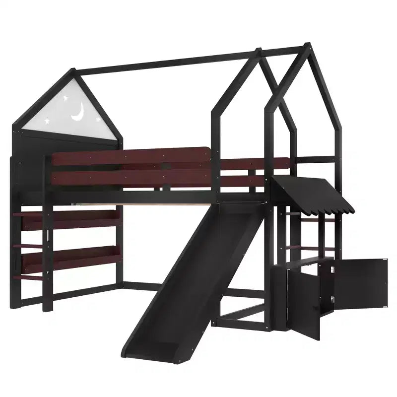 Bellemave Lit mezzanine pour enfants avec toboggan et étagère, cadre de lit mezzanine en bois massif avec échelle convertible pour enfants, cabane de jeu