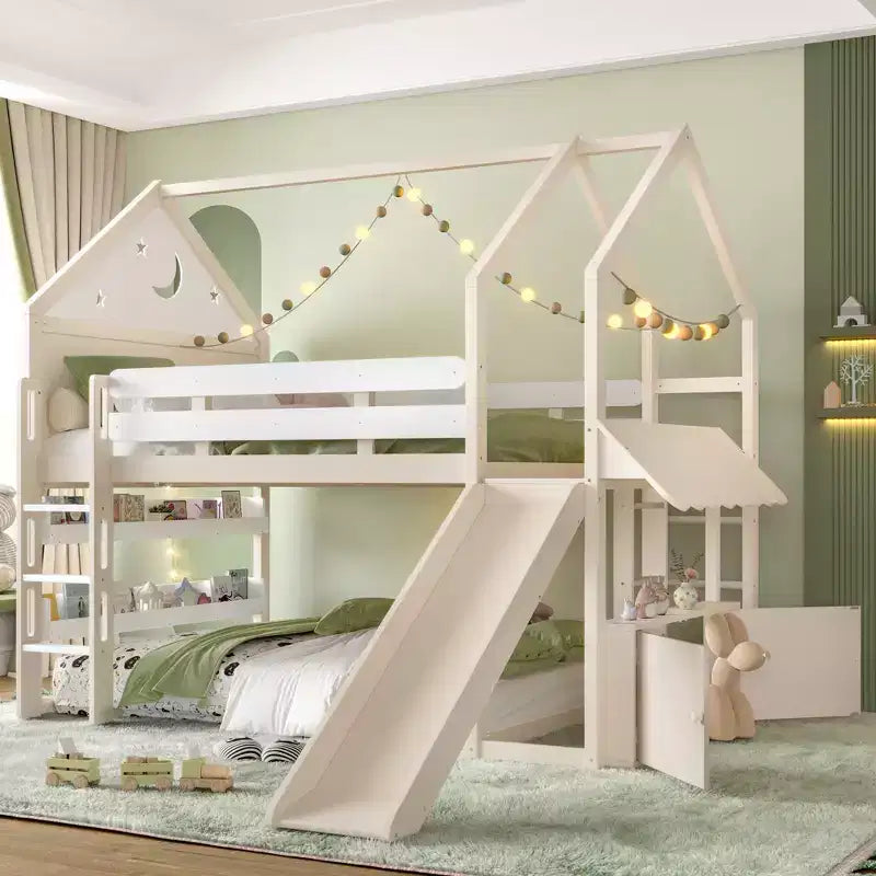 Bellemave Lit mezzanine pour enfants avec toboggan et étagère, cadre de lit mezzanine en bois massif avec échelle convertible pour enfants, cabane de jeu