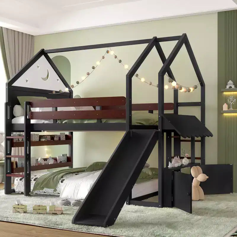 Bellemave Lit mezzanine pour enfants avec toboggan et étagère, cadre de lit mezzanine en bois massif avec échelle convertible pour enfants, cabane de jeu