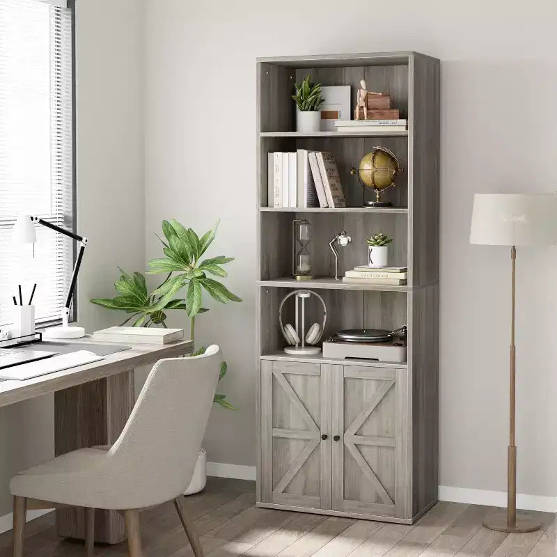 2 bibliothèques de 181 cm de haut avec 6 étagères, style ferme avec 4 portes, pour le salon et le bureau à domicile, montage facile