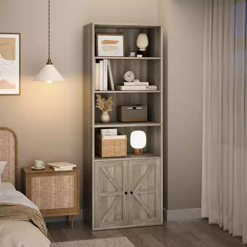 2 bibliothèques de 181 cm de haut avec 6 étagères, style ferme avec 4 portes, pour le salon et le bureau à domicile, montage facile