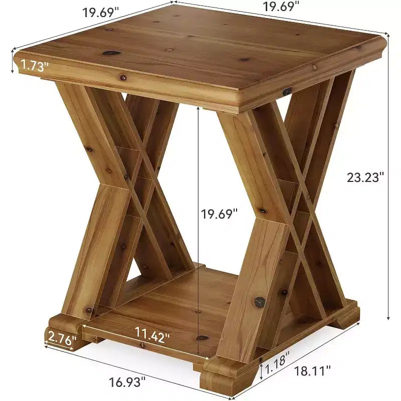 Table d'appoint en bois massif Lantine, petite table d'appoint carrée, table de chevet à 2 niveaux de style rustique pour salon, chambre à coucher, côté canapé, petits espaces, marron