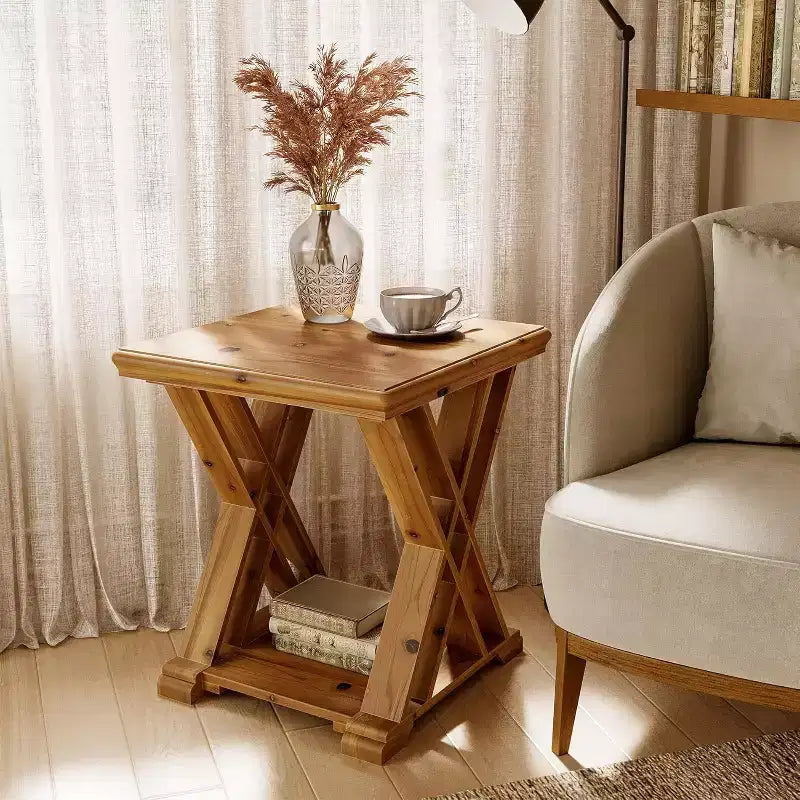 Table d'appoint en bois massif Lantine, petite table d'appoint carrée, table de chevet à 2 niveaux de style rustique pour salon, chambre à coucher, côté canapé, petits espaces, marron