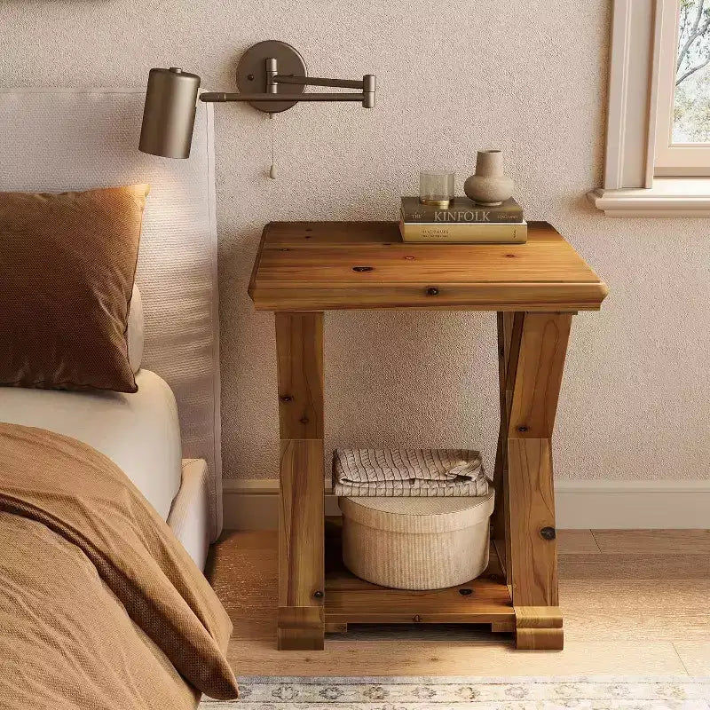 Table d'appoint en bois massif Lantine, petite table d'appoint carrée, table de chevet à 2 niveaux de style rustique pour salon, chambre à coucher, côté canapé, petits espaces, marron