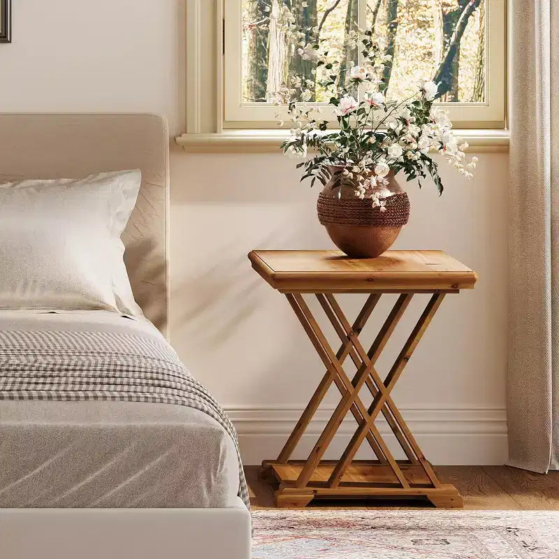 Table d'appoint en bois massif Lantine, petite table d'appoint carrée, table de chevet à 2 niveaux de style rustique pour salon, chambre à coucher, côté canapé, petits espaces, marron