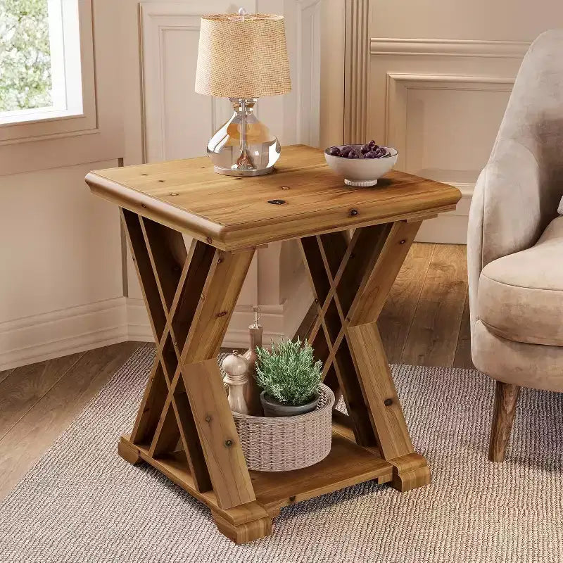 Table d'appoint en bois massif Lantine, petite table d'appoint carrée, table de chevet à 2 niveaux de style rustique pour salon, chambre à coucher, côté canapé, petits espaces, marron