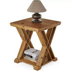 Table d'appoint en bois massif Lantine, petite table d'appoint carrée, table de chevet à 2 niveaux de style rustique pour salon, chambre à coucher, côté canapé, petits espaces, marron