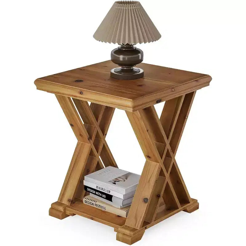 Table d'appoint en bois massif Lantine, petite table d'appoint carrée, table de chevet à 2 niveaux de style rustique pour salon, chambre à coucher, côté canapé, petits espaces, marron