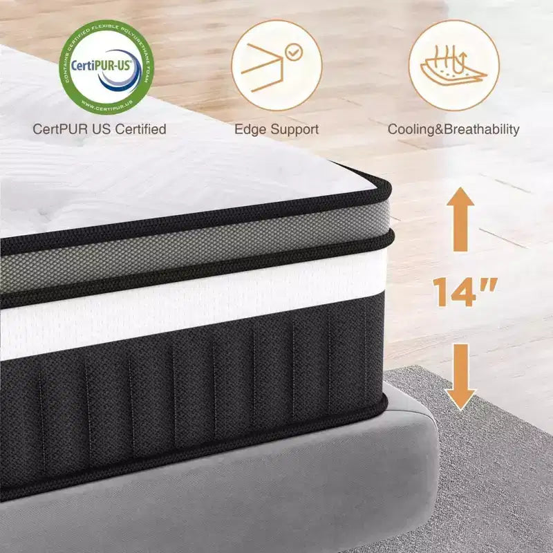 Matelas Grand Lit en solde : Matelas en mousse à mémoire de forme au gel 14 pouces, Technologie de refroidissement, Sensation moyenne, Soulagement de la pression, Certifié CertiPUR-US, 7 couches de mousse