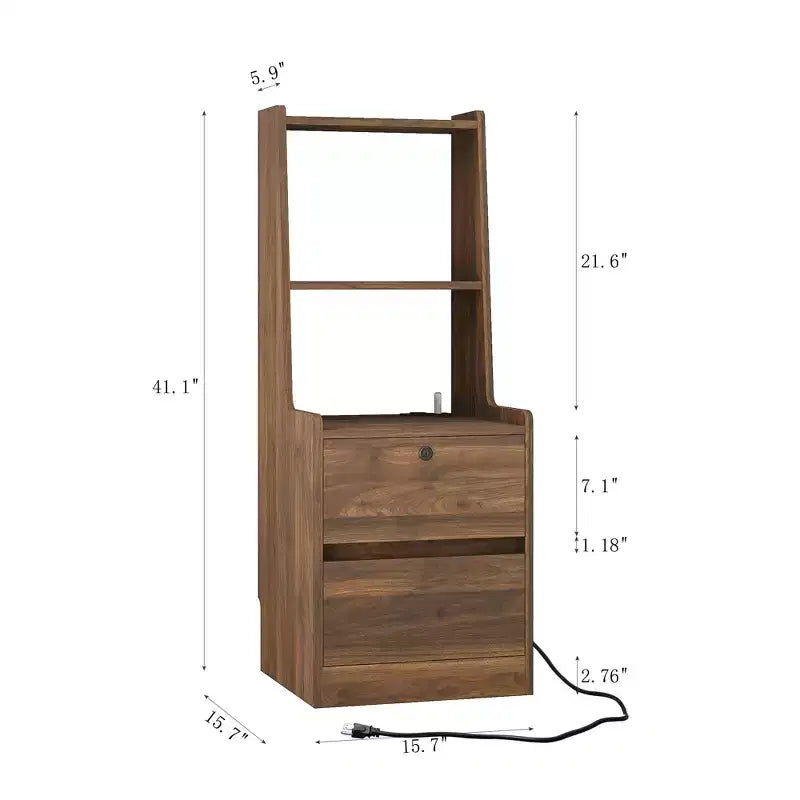 JVNOXK Table de chevet à station de recharge de 15 pouces, table de nuit intelligente avec étagère, compartiment de rangement, fonction verrouillable, finition bois verrouillable